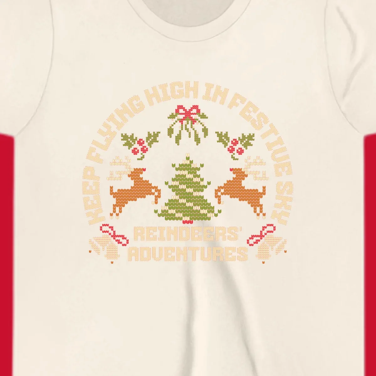 Festivus reindeer adventure holiday design with knitted style elements and text.