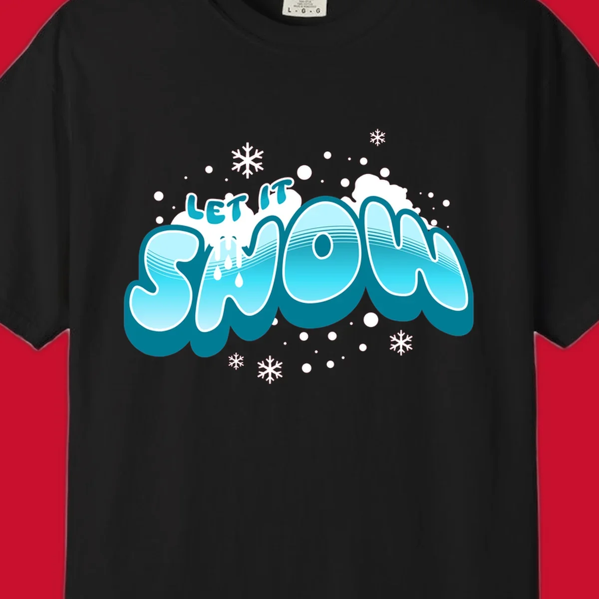 Bold blue and white 'Let It Snow' text with snowflakes and drips, festive holiday design.