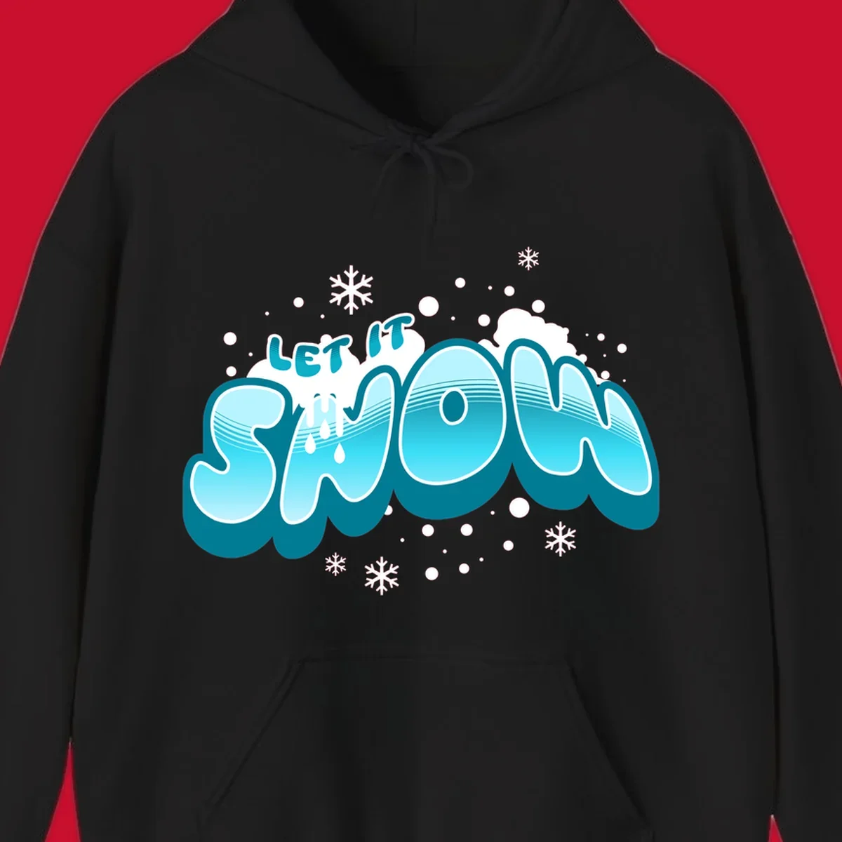 Bold blue and white 'Let It Snow' text with snowflakes and drips, festive holiday design.