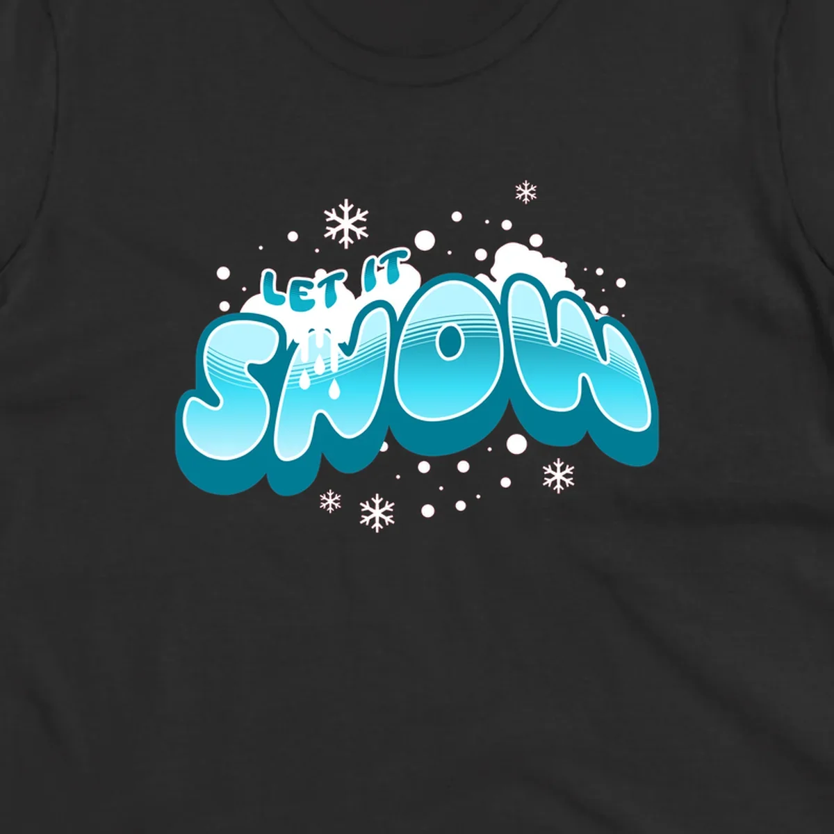 Bold blue and white 'Let It Snow' text with snowflakes and drips, festive holiday design.