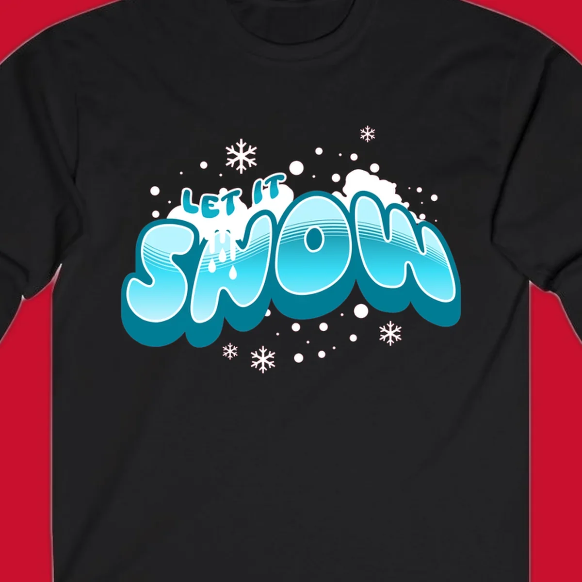 Bold blue and white 'Let It Snow' text with snowflakes and drips, festive holiday design.