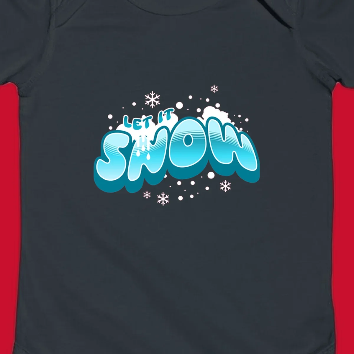 Bold blue and white 'Let It Snow' text with snowflakes and drips, festive holiday design.