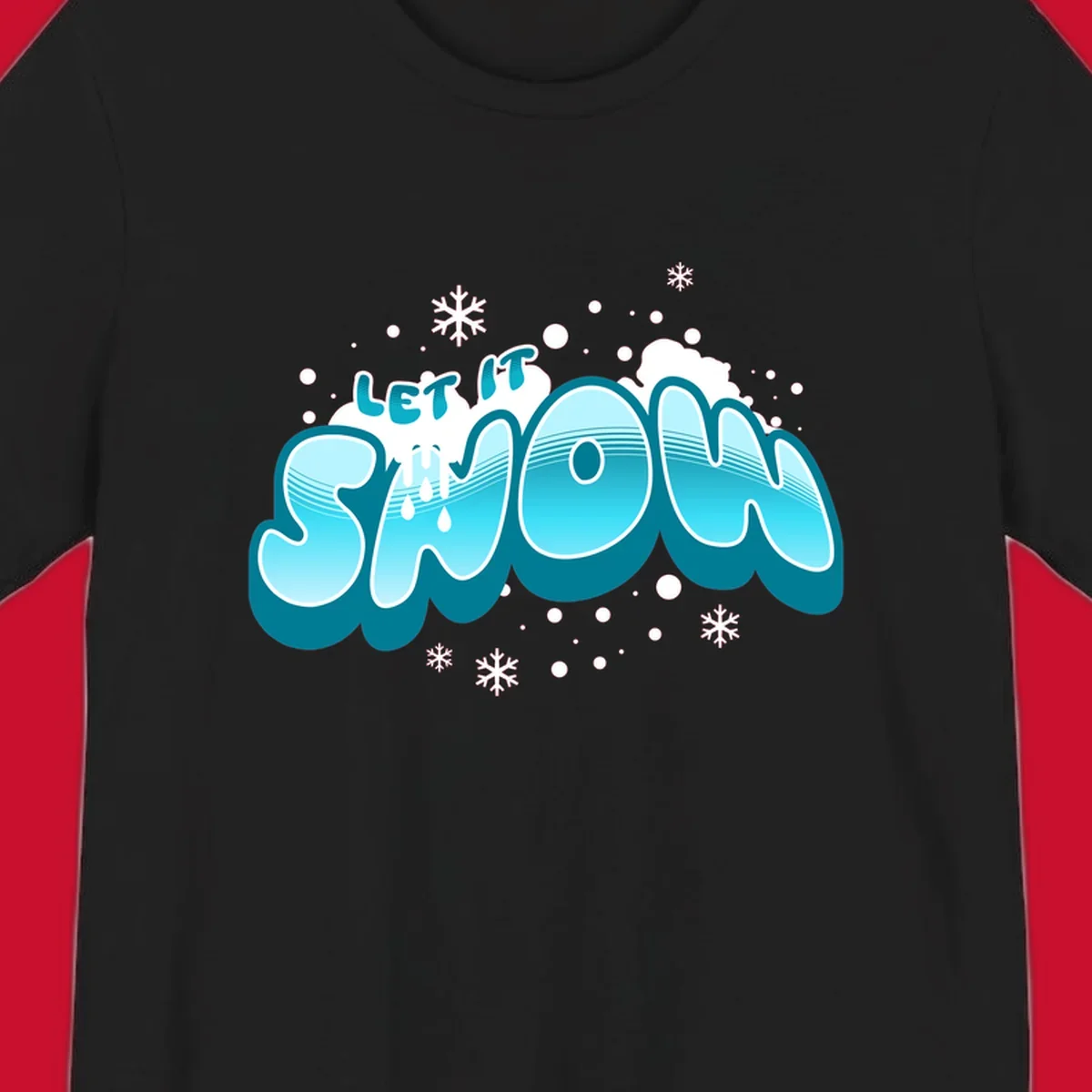 Bold blue and white 'Let It Snow' text with snowflakes and drips, festive holiday design.