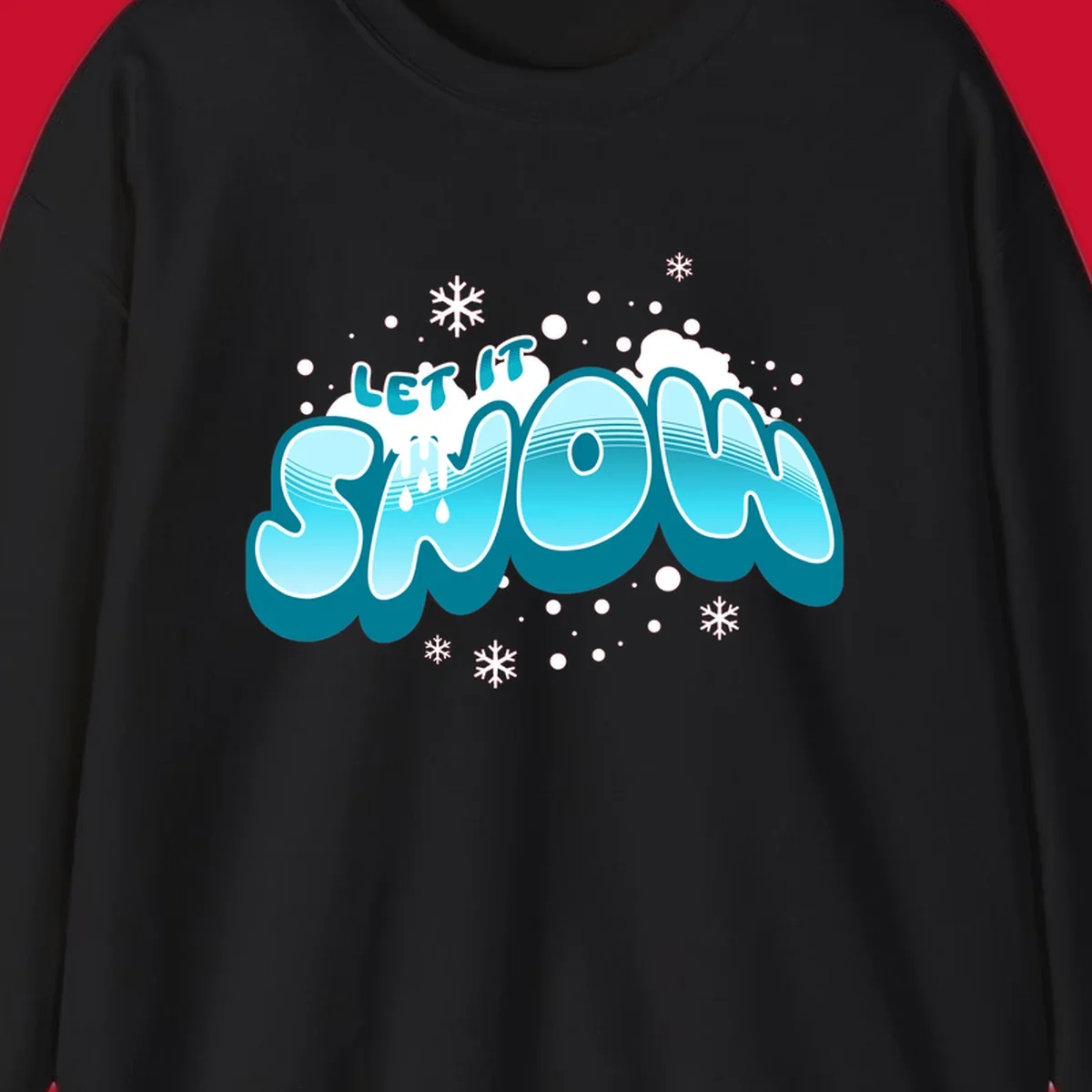 Bold blue and white 'Let It Snow' text with snowflakes and drips, festive holiday design.