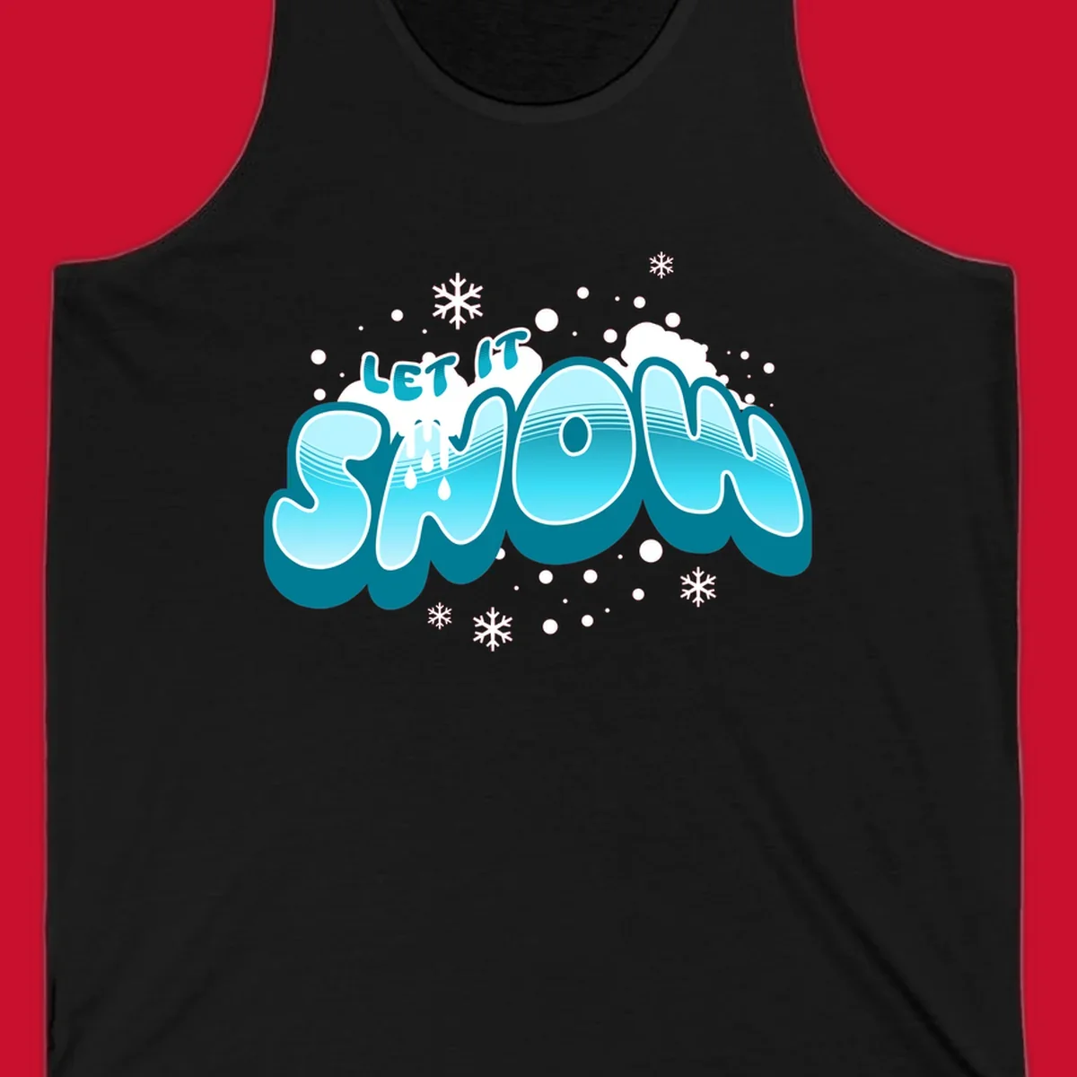Bold blue and white 'Let It Snow' text with snowflakes and drips, festive holiday design.