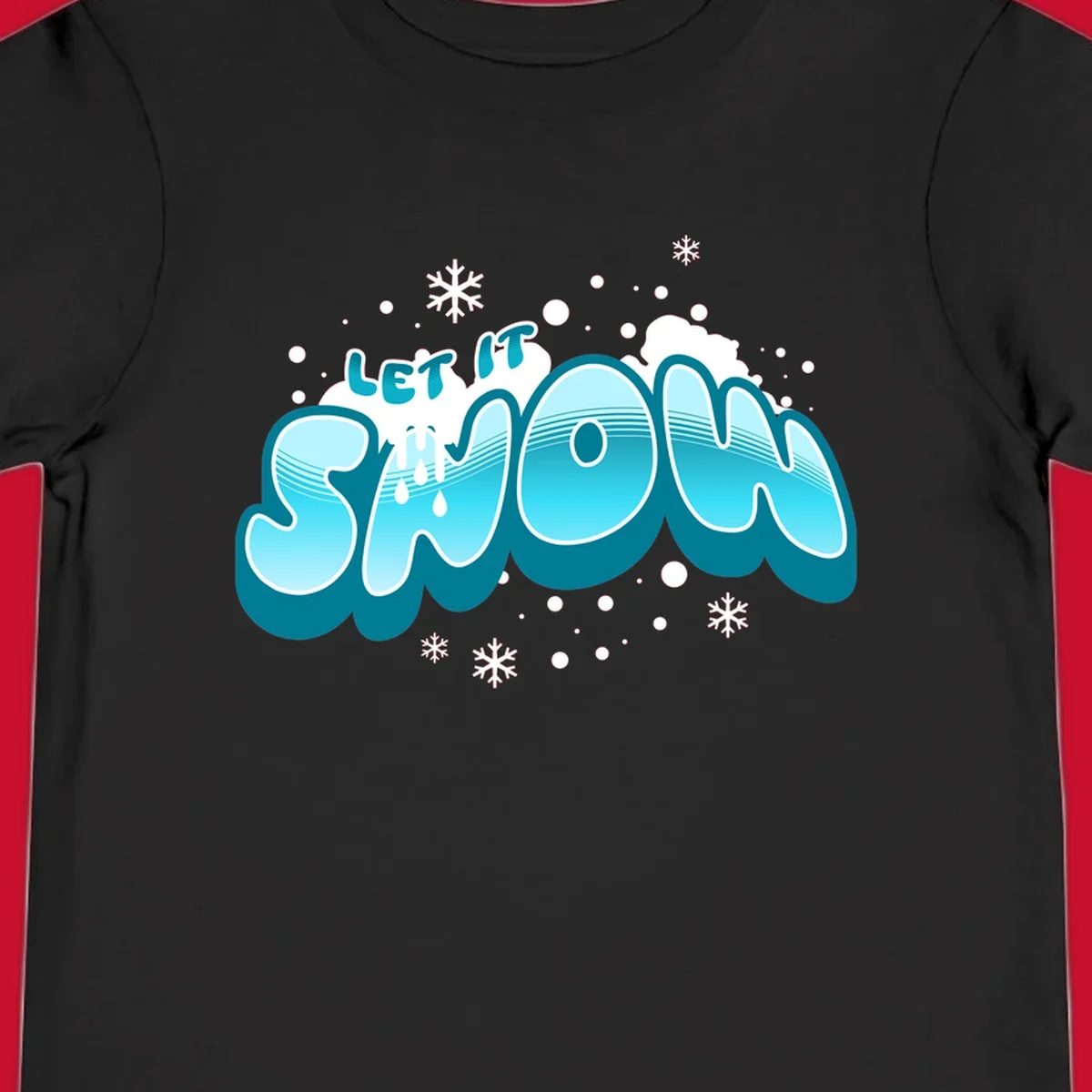 Bold blue and white 'Let It Snow' text with snowflakes and drips, festive holiday design.