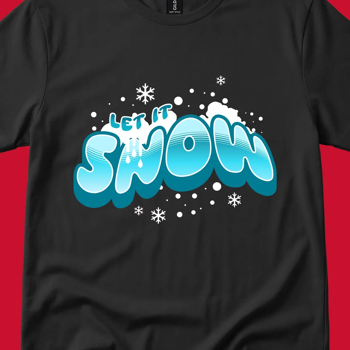 Bold blue and white 'Let It Snow' text with snowflakes and drips, festive holiday design.