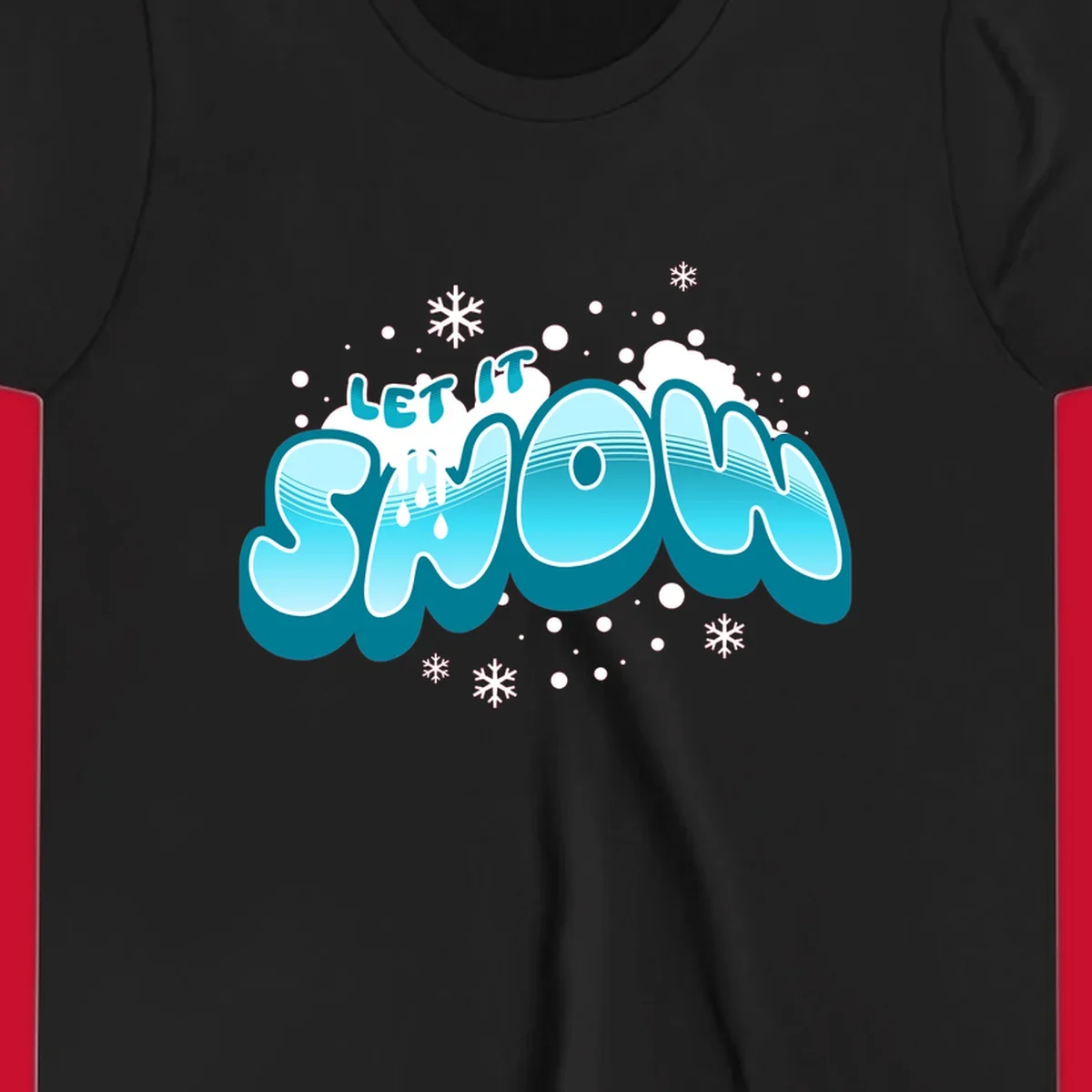 Bold blue and white 'Let It Snow' text with snowflakes and drips, festive holiday design.