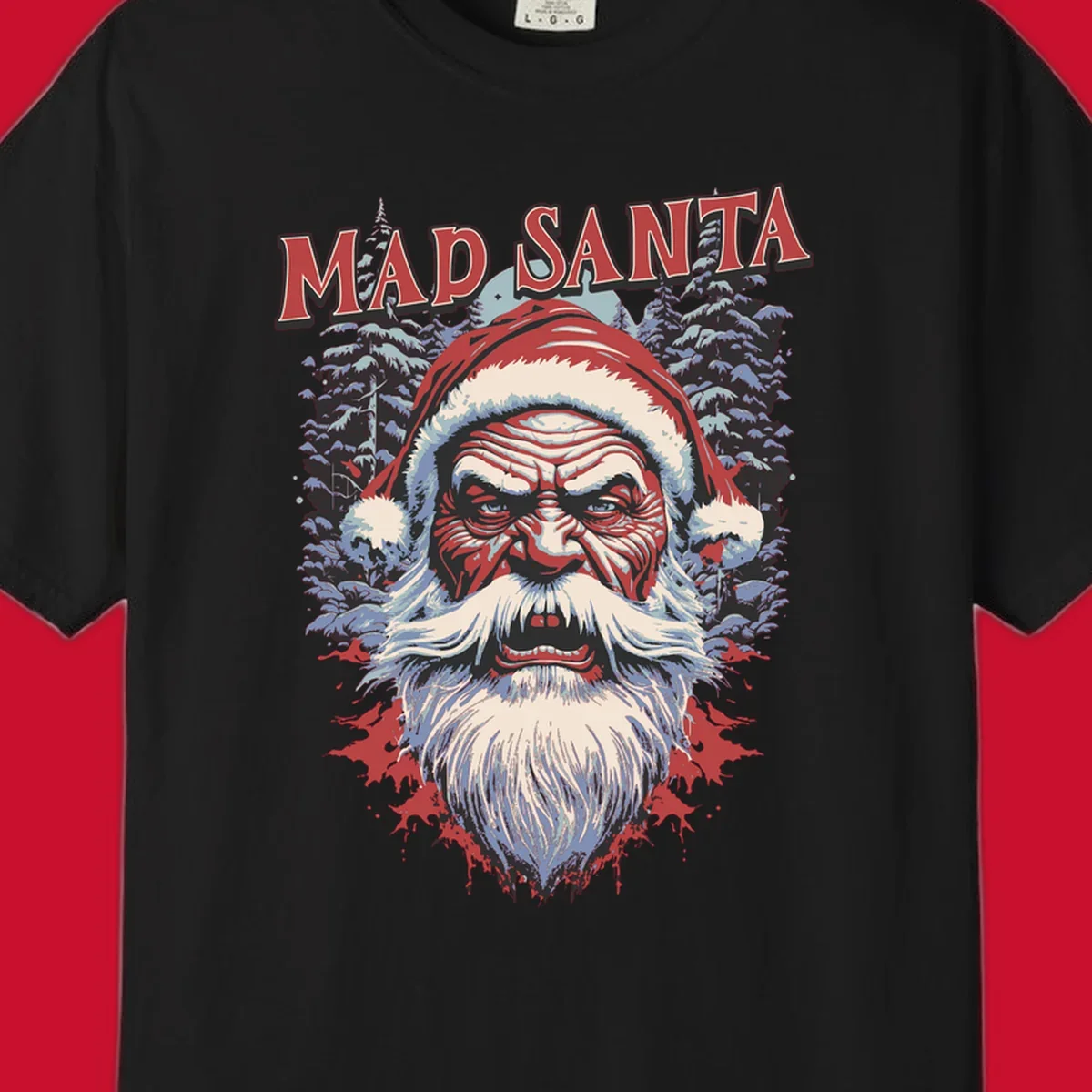 Mad Santa Christmas graphic with creepy Santa face and blood splatters.
