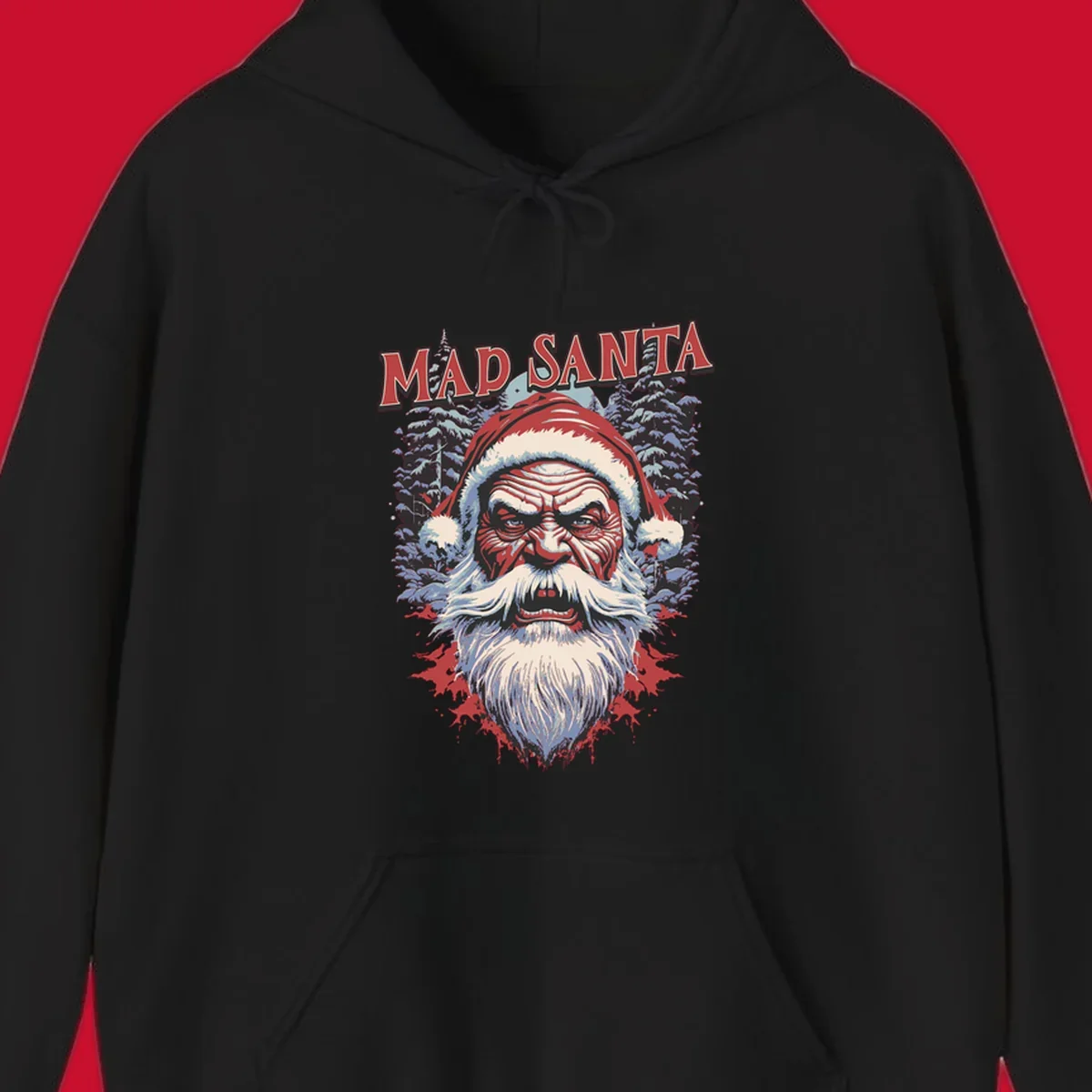 Mad Santa Christmas graphic with creepy Santa face and blood splatters.