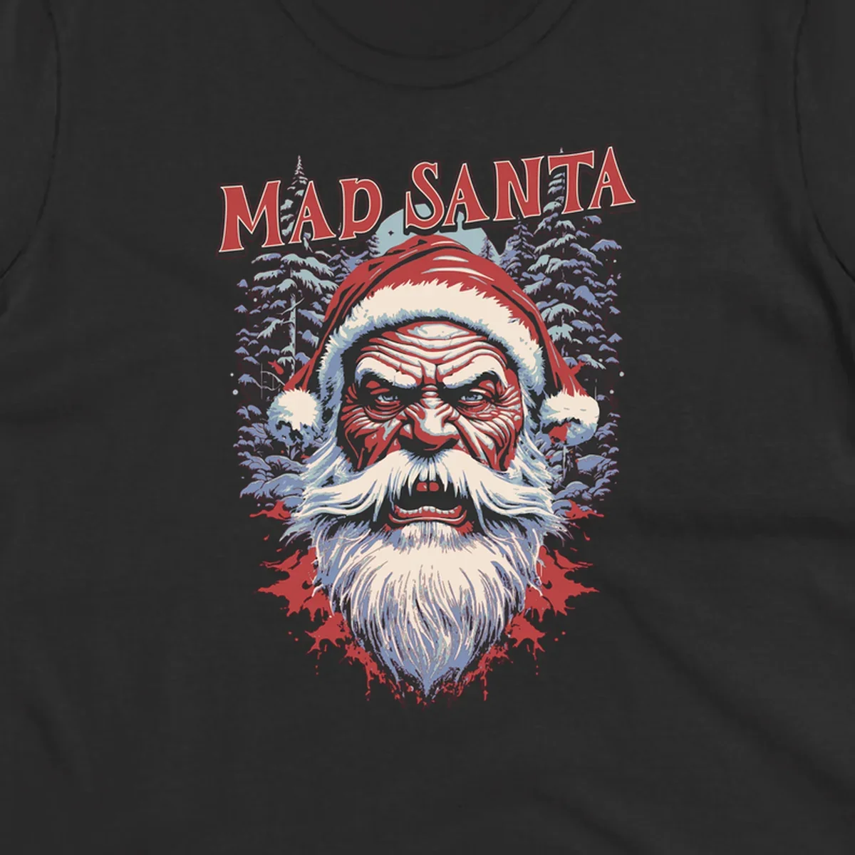 Mad Santa Christmas graphic with creepy Santa face and blood splatters.