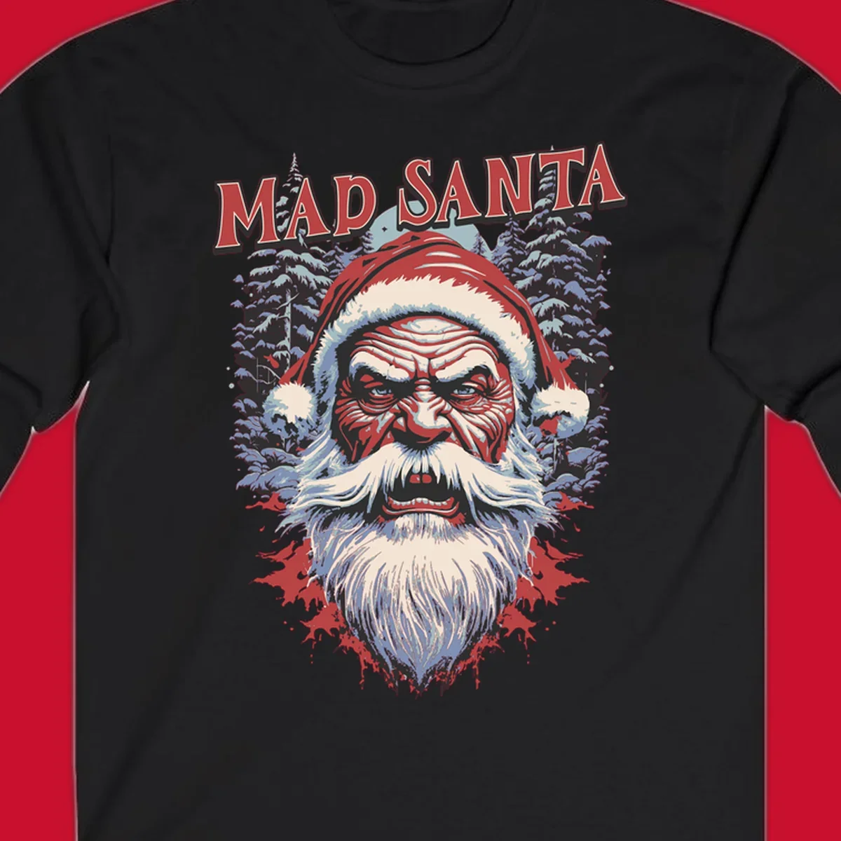Mad Santa Christmas graphic with creepy Santa face and blood splatters.