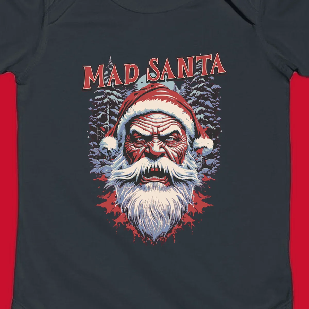 Mad Santa Christmas graphic with creepy Santa face and blood splatters.