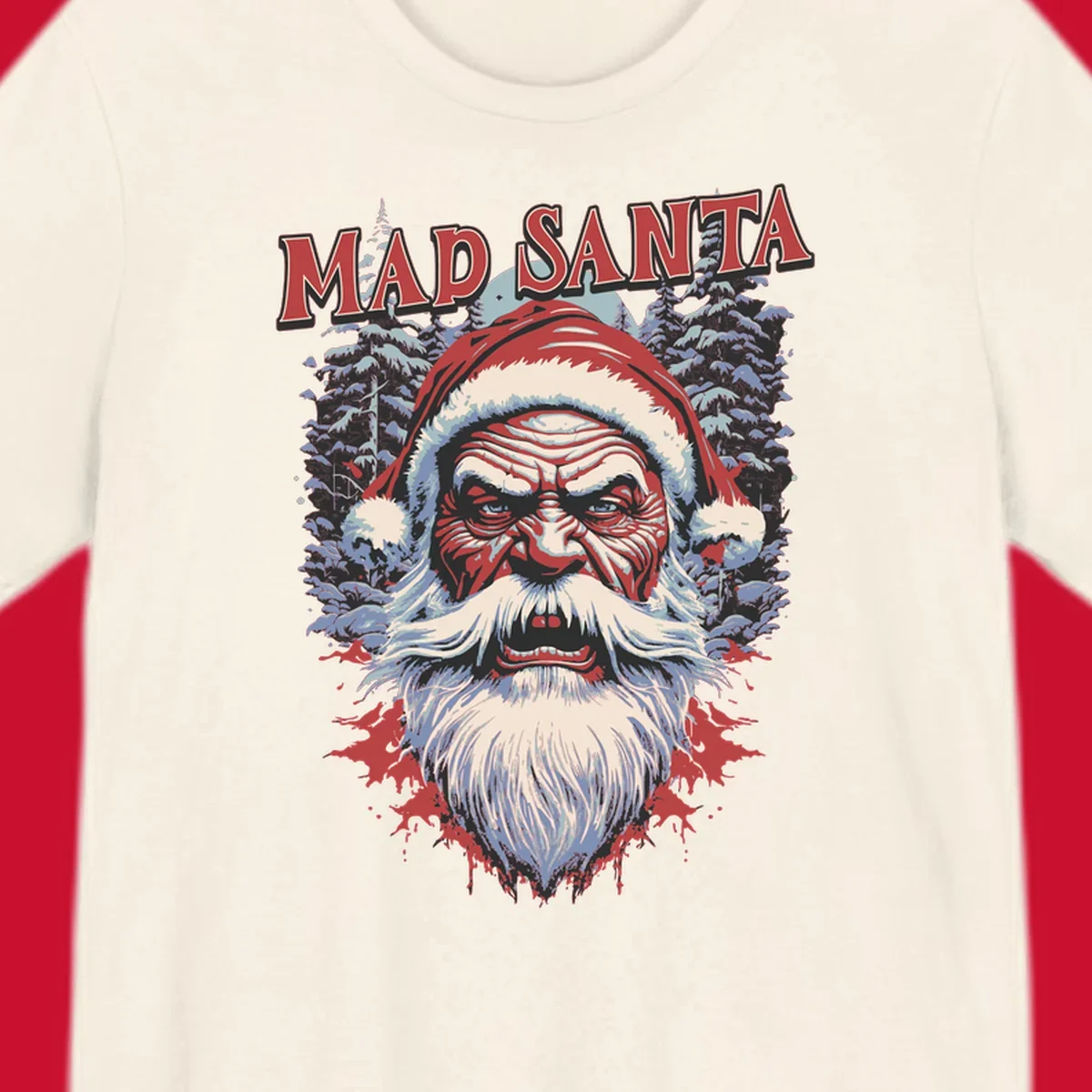 Mad Santa Christmas graphic with creepy Santa face and blood splatters.
