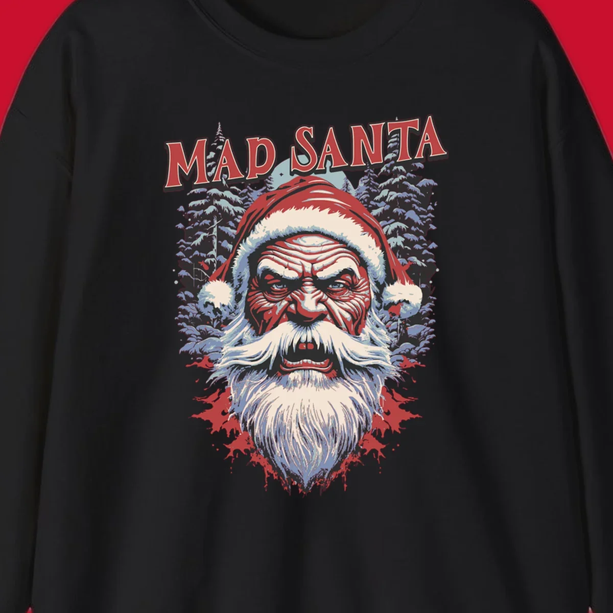 Mad Santa Christmas graphic with creepy Santa face and blood splatters.