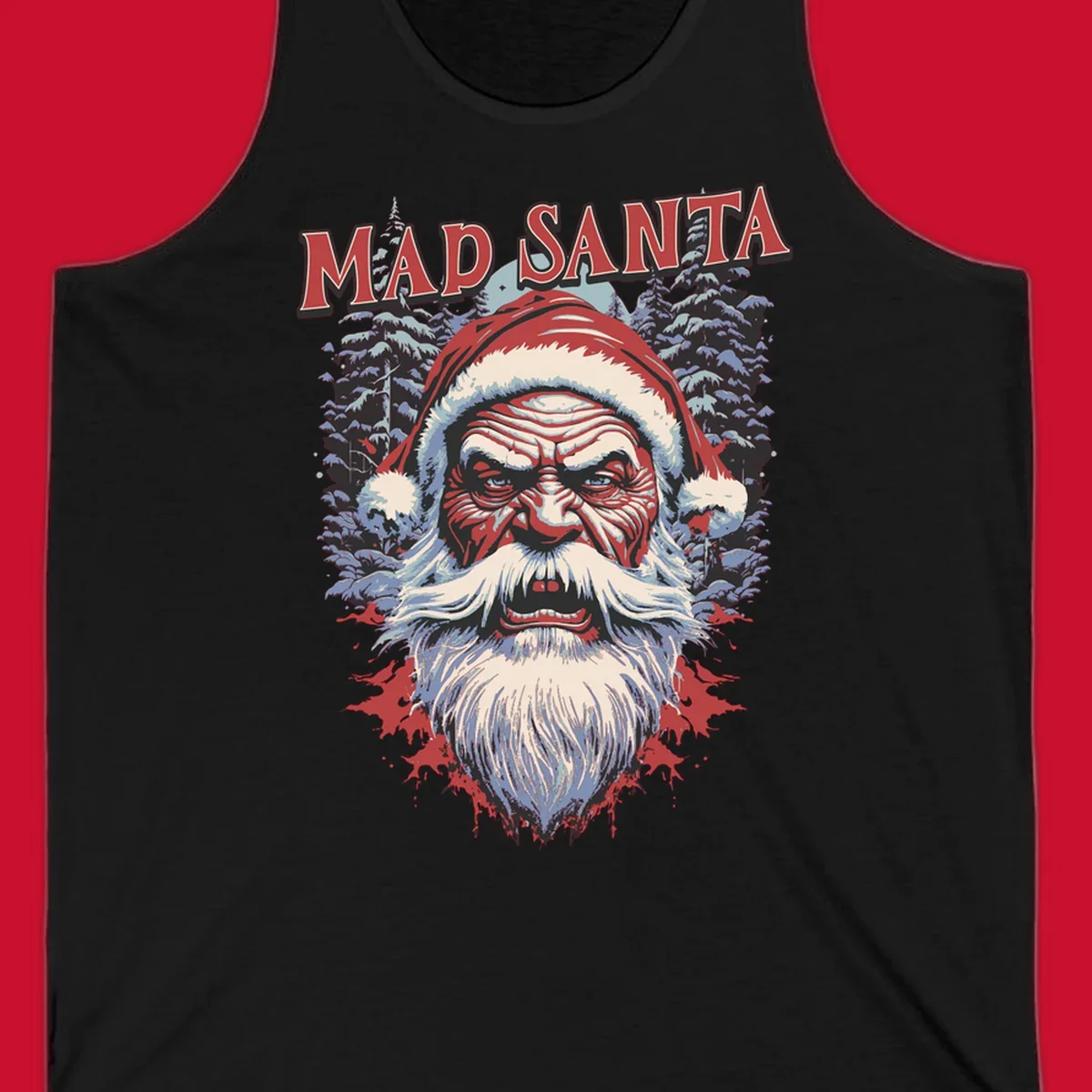 Mad Santa Christmas graphic with creepy Santa face and blood splatters.