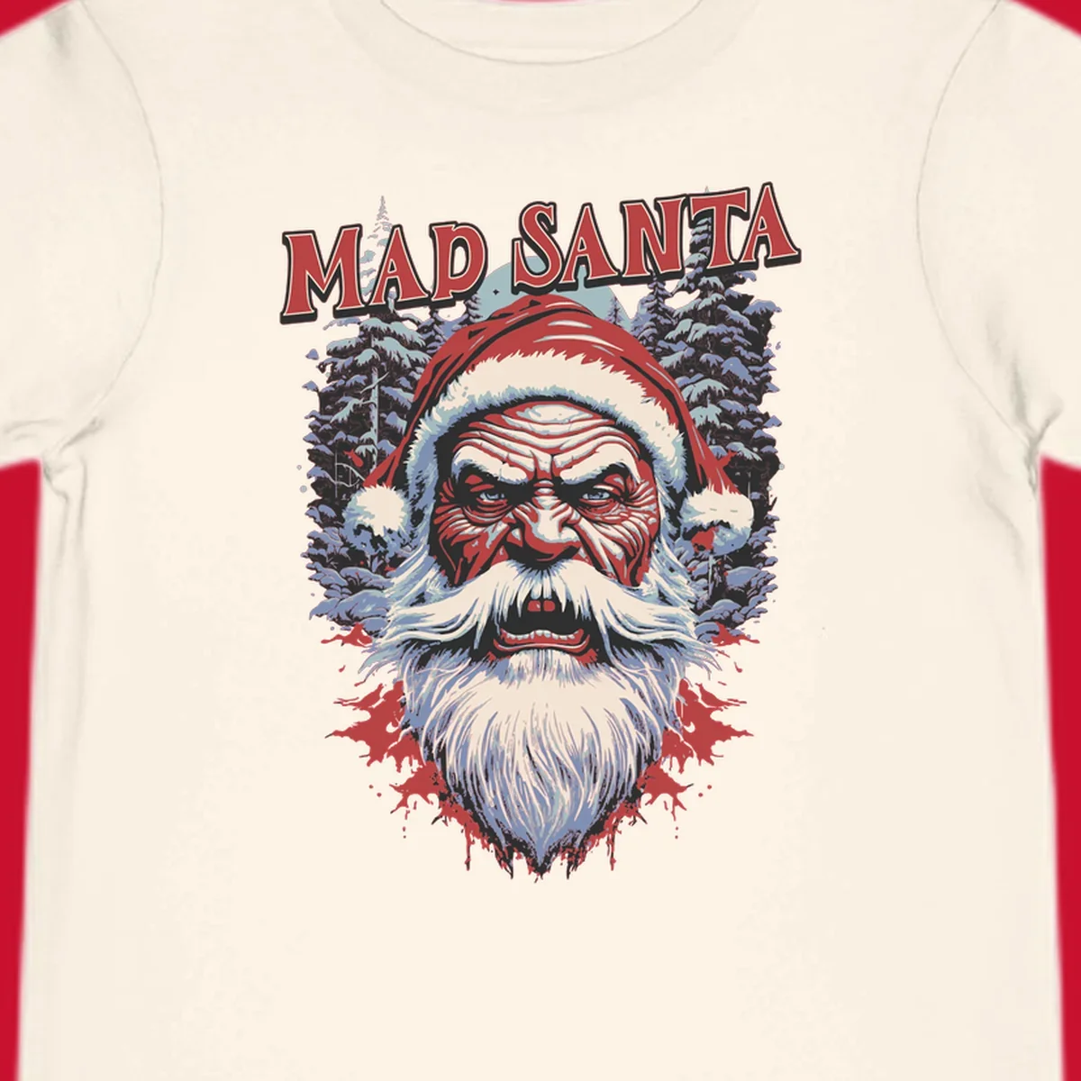 Mad Santa Christmas graphic with creepy Santa face and blood splatters.