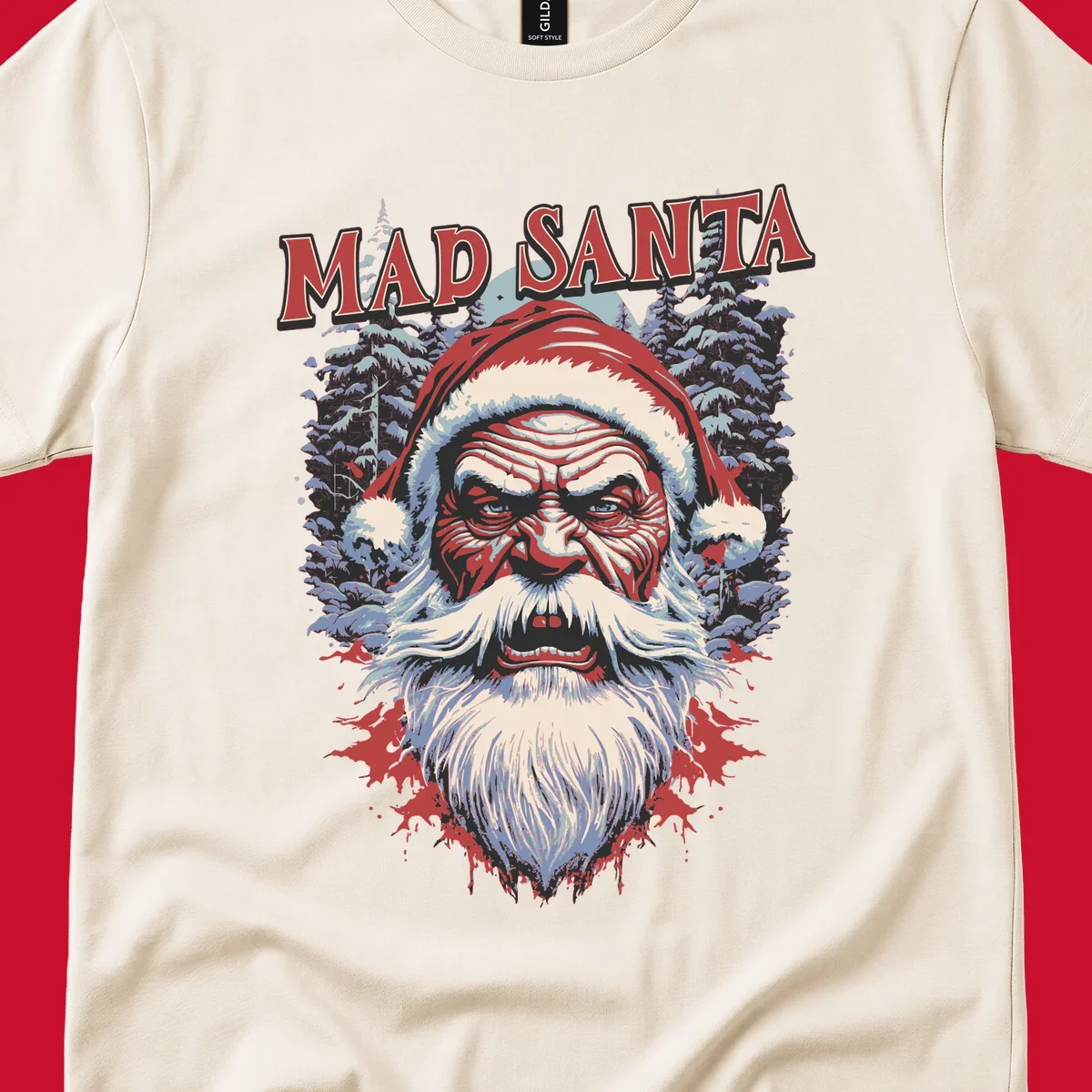 Mad Santa Christmas graphic with creepy Santa face and blood splatters.