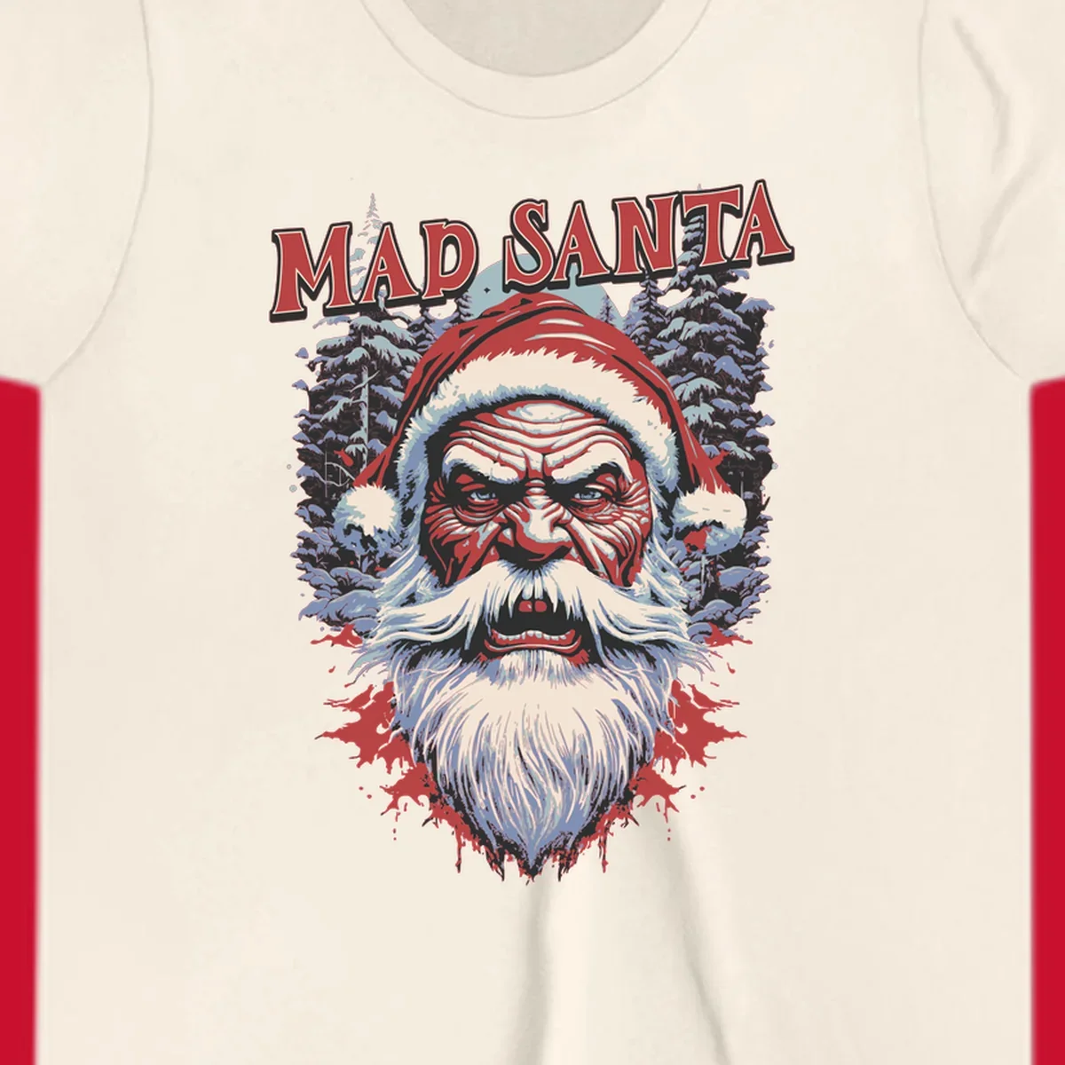 Mad Santa Christmas graphic with creepy Santa face and blood splatters.