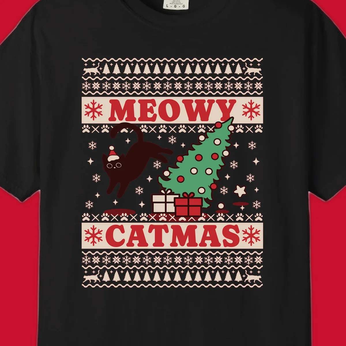 Meowy Catmas ugly sweater design featuring a black cat, Christmas tree, gifts, and text.