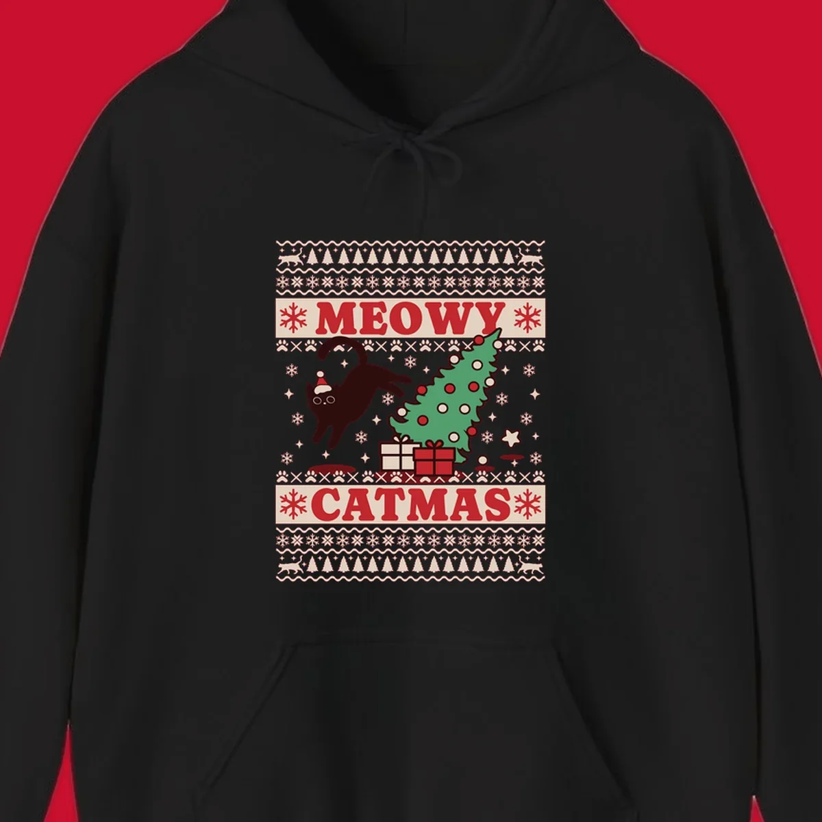 Meowy Catmas ugly sweater design featuring a black cat, Christmas tree, gifts, and text.
