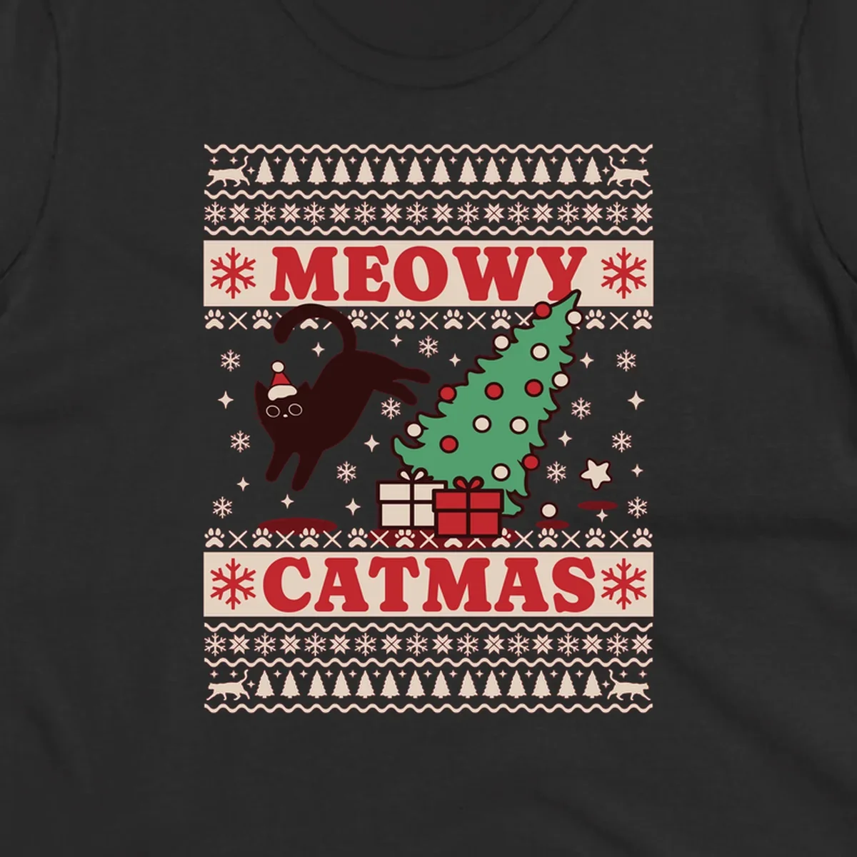 Meowy Catmas ugly sweater design featuring a black cat, Christmas tree, gifts, and text.