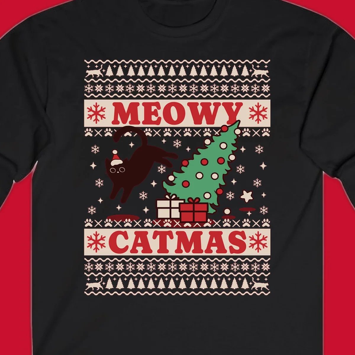 Meowy Catmas ugly sweater design featuring a black cat, Christmas tree, gifts, and text.