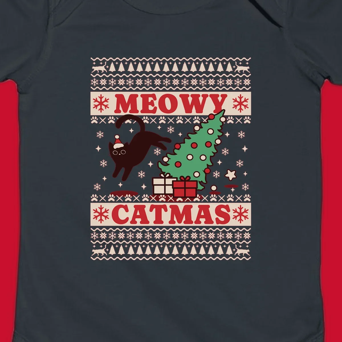 Meowy Catmas ugly sweater design featuring a black cat, Christmas tree, gifts, and text.