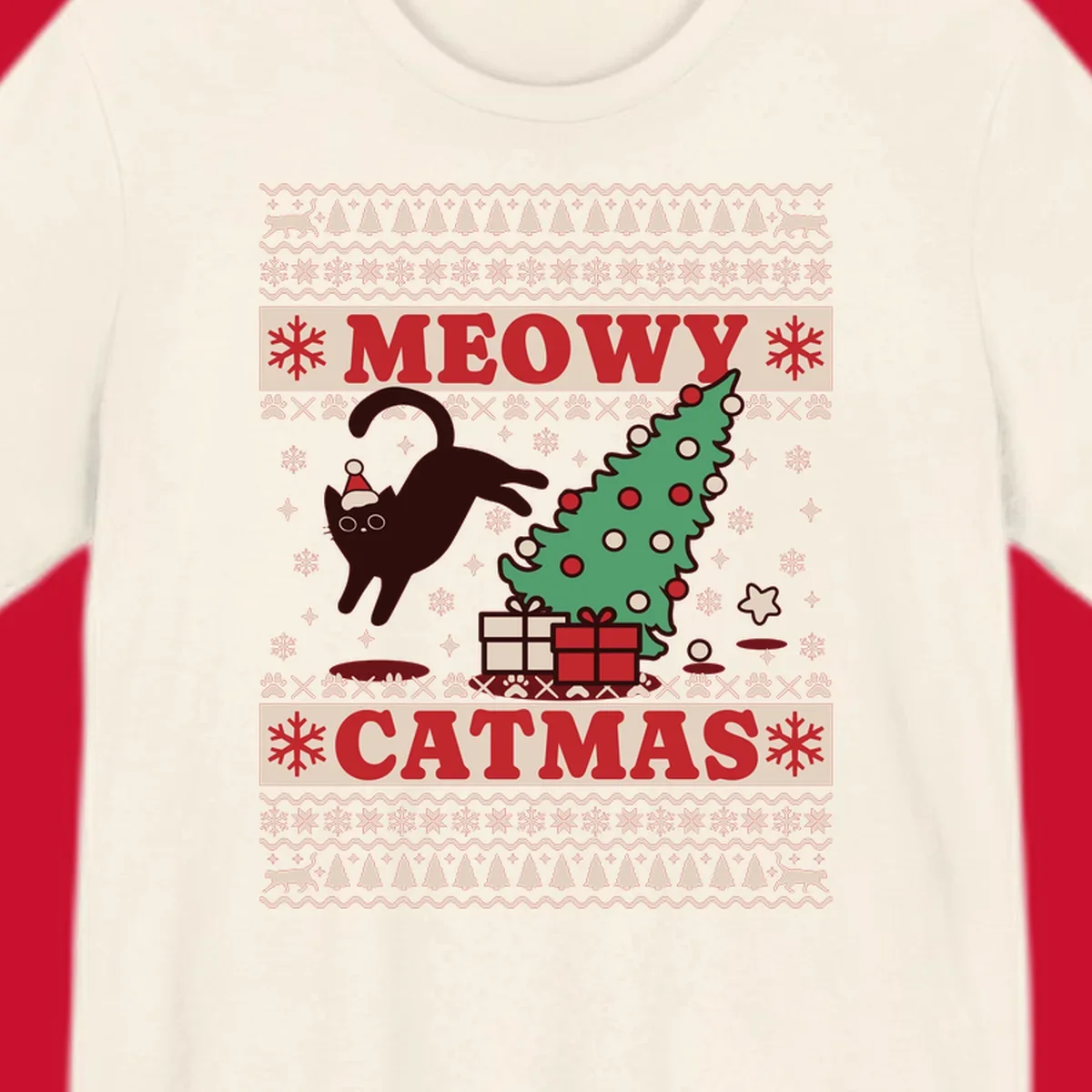 Meowy Catmas ugly sweater design featuring a black cat, Christmas tree, gifts, and text.