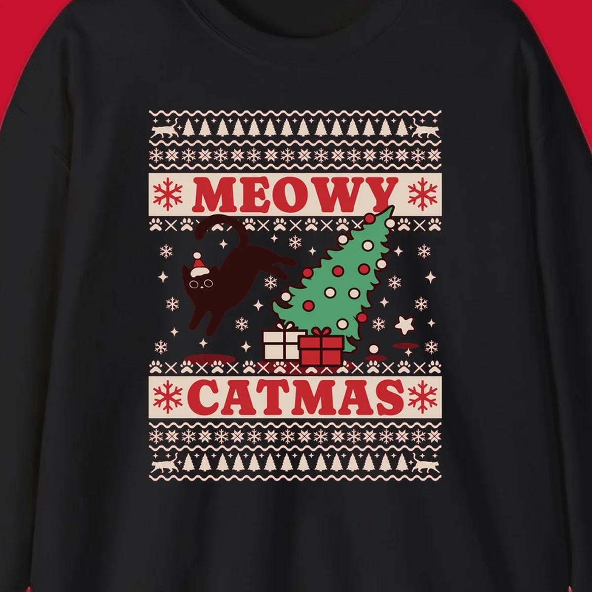 Meowy Catmas ugly sweater design featuring a black cat, Christmas tree, gifts, and text.