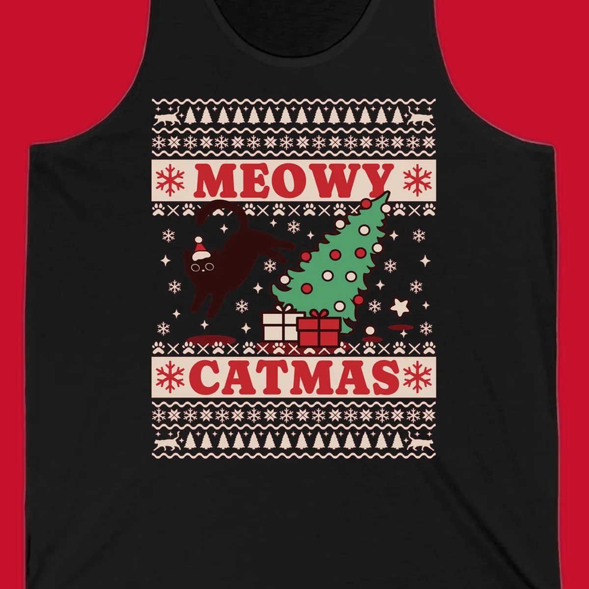 Meowy Catmas ugly sweater design featuring a black cat, Christmas tree, gifts, and text.