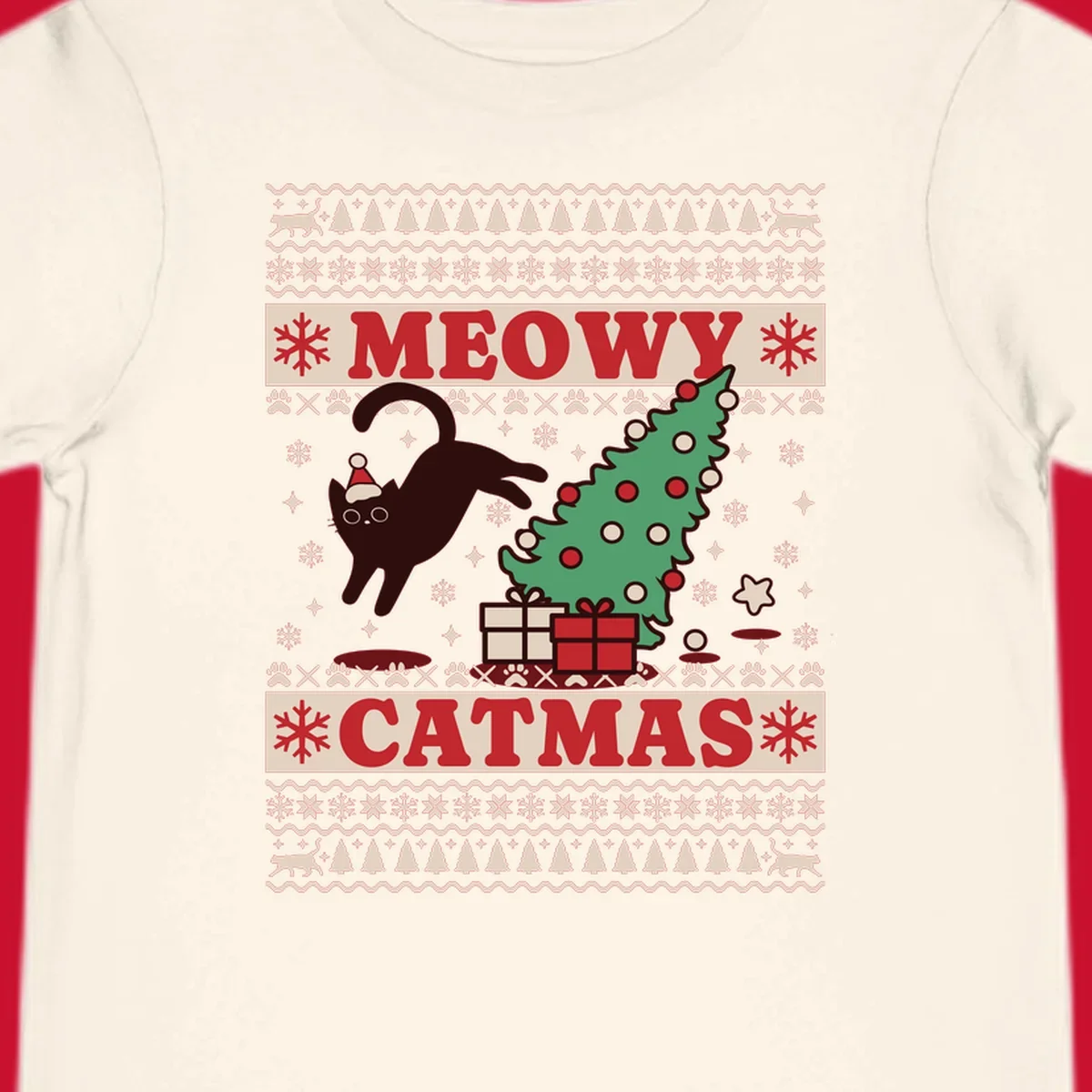 Meowy Catmas ugly sweater design featuring a black cat, Christmas tree, gifts, and text.