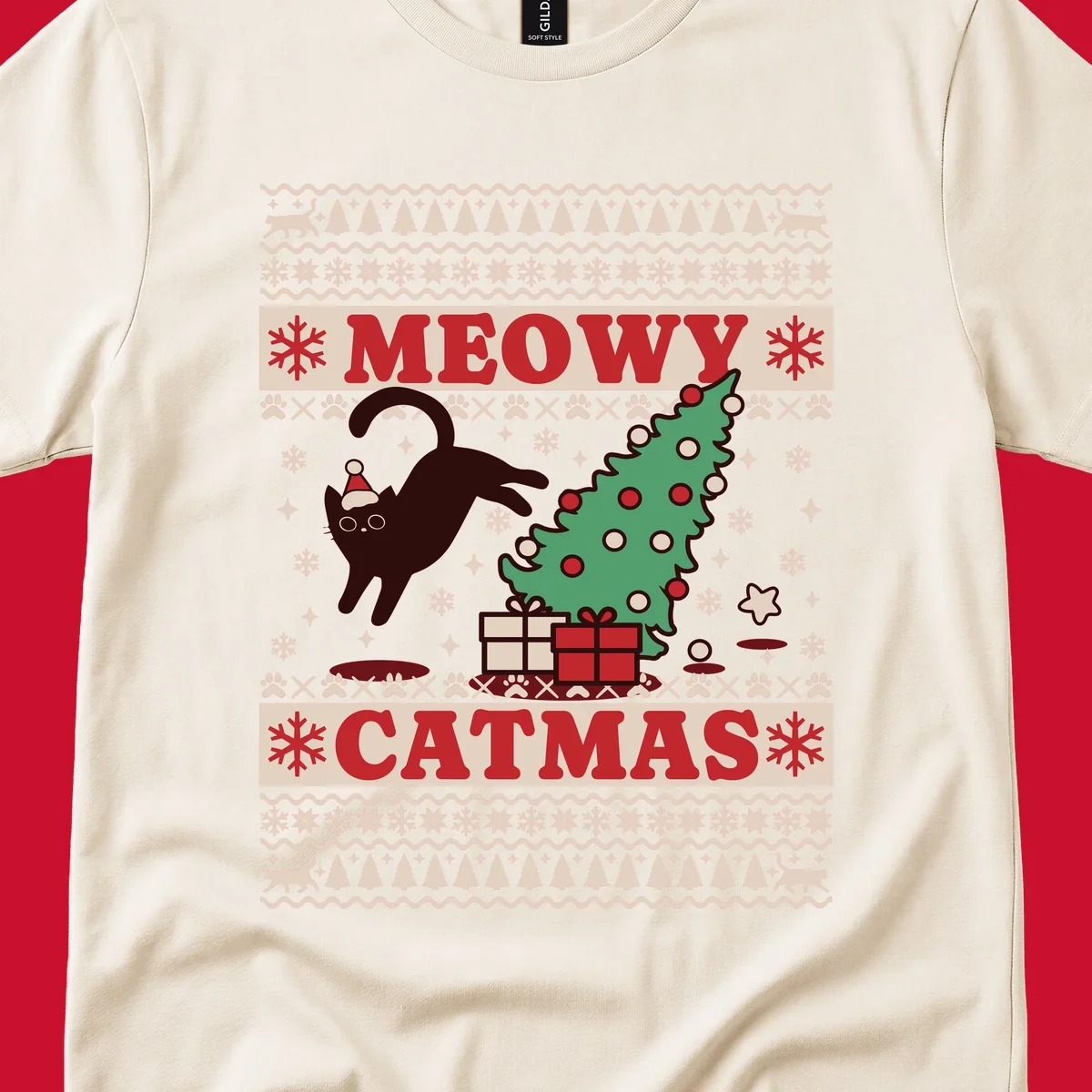 Meowy Catmas ugly sweater design featuring a black cat, Christmas tree, gifts, and text.