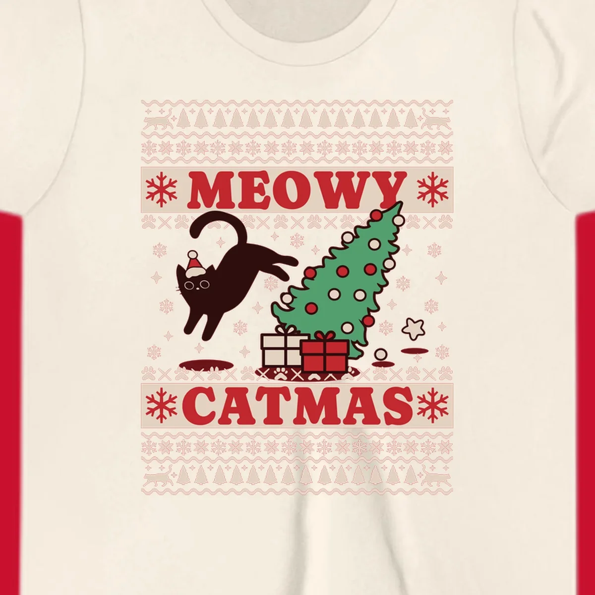 Meowy Catmas ugly sweater design featuring a black cat, Christmas tree, gifts, and text.