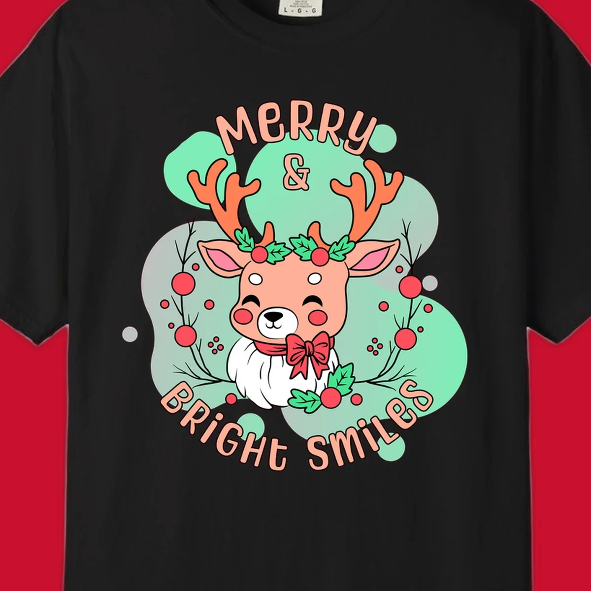 Merry and bright reindeer illustration with holly and text, Christmas theme.