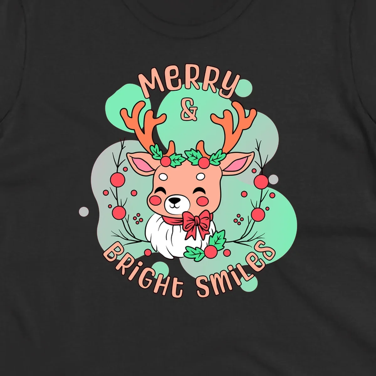 Merry and bright reindeer illustration with holly and text, Christmas theme.