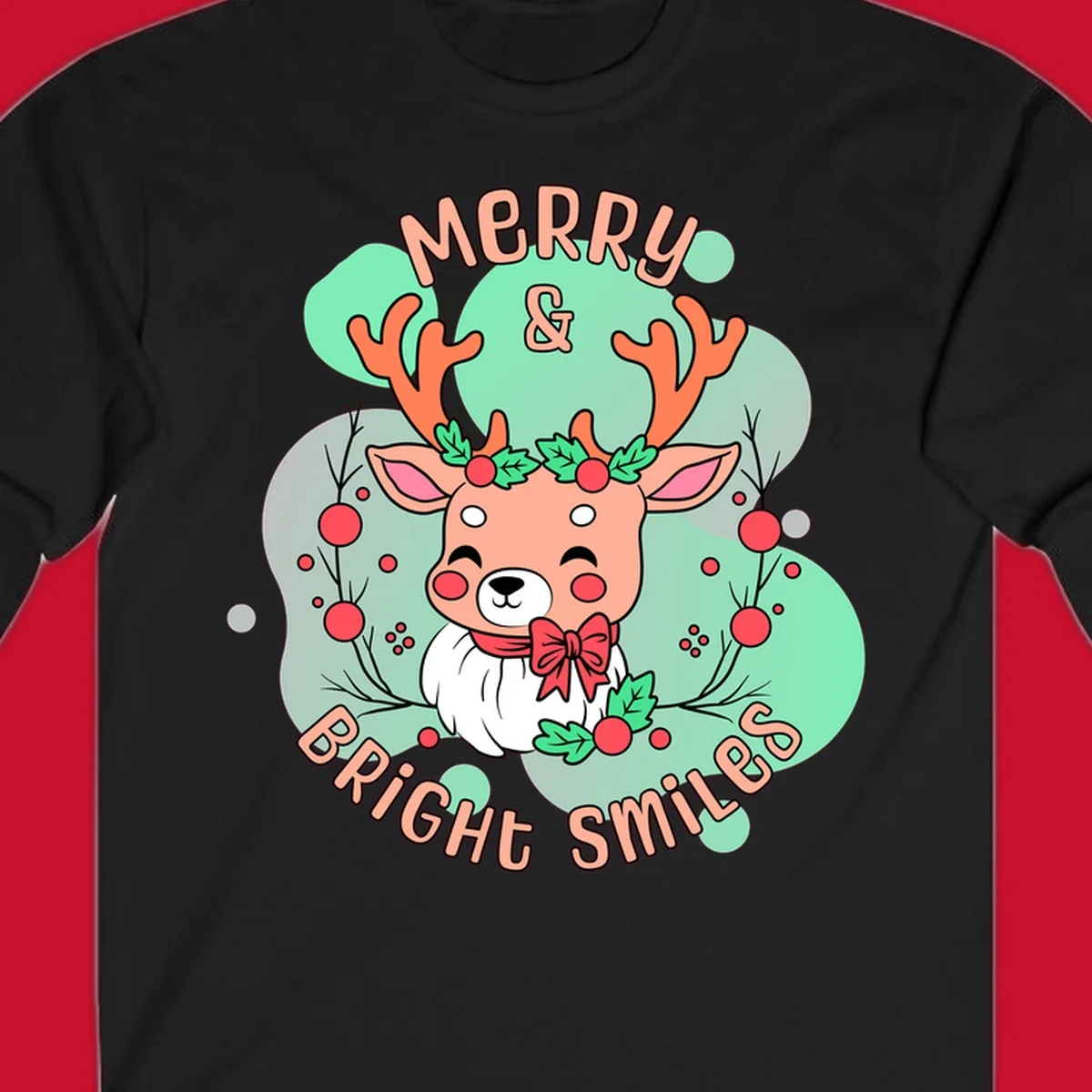 Merry and bright reindeer illustration with holly and text, Christmas theme.