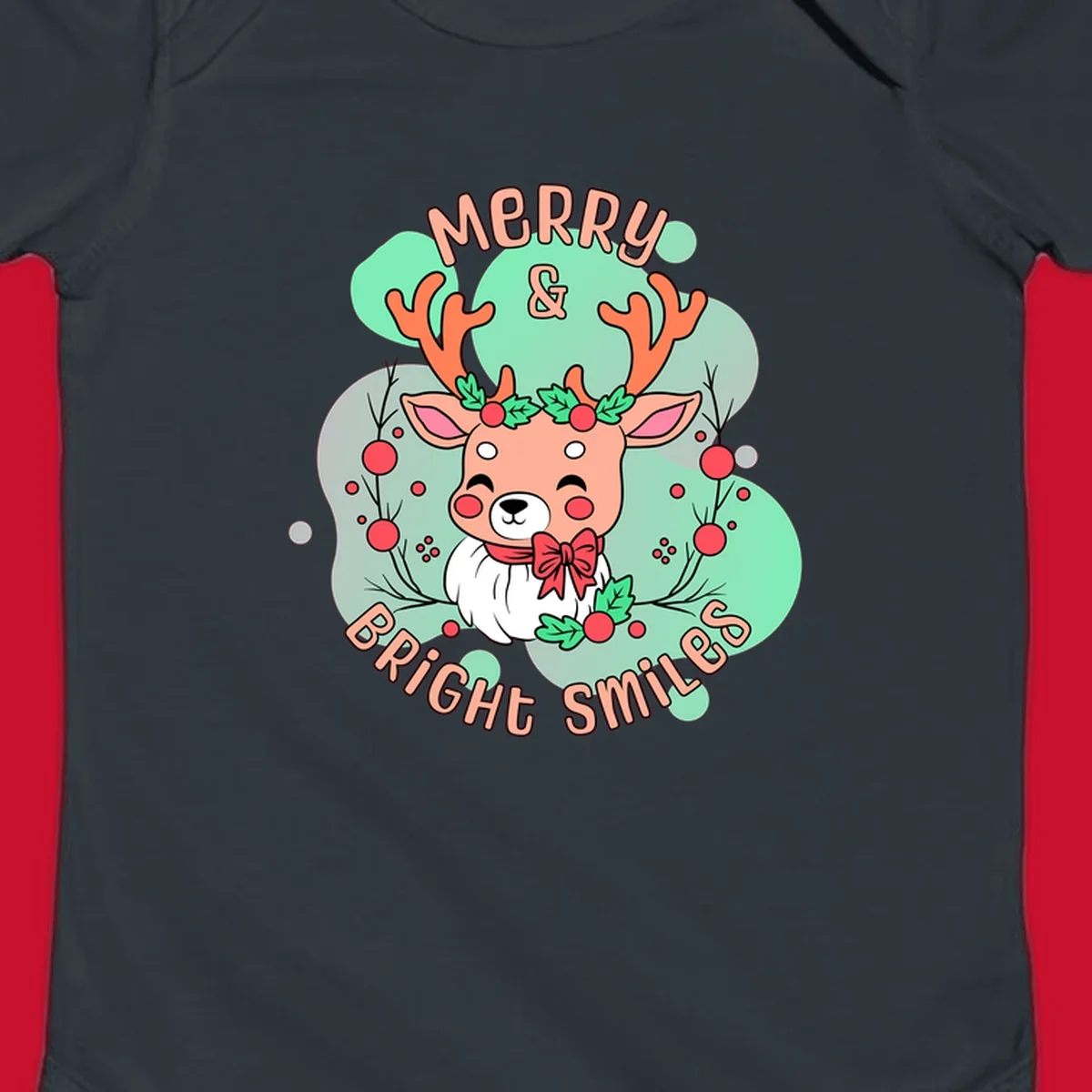 Merry and bright reindeer illustration with holly and text, Christmas theme.