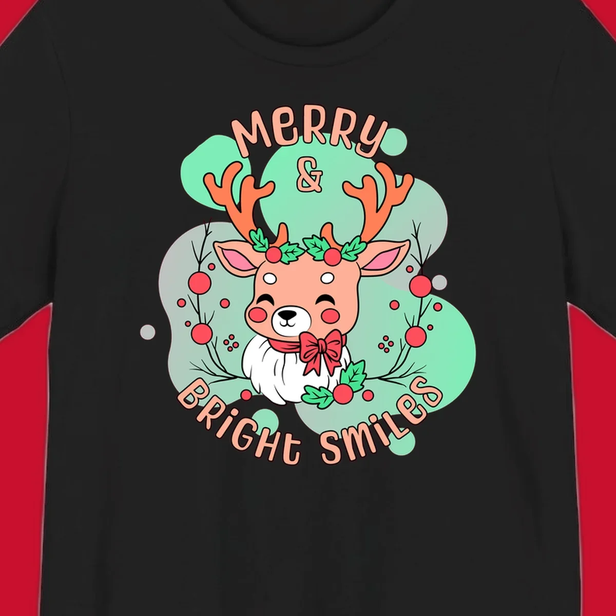 Merry and bright reindeer illustration with holly and text, Christmas theme.
