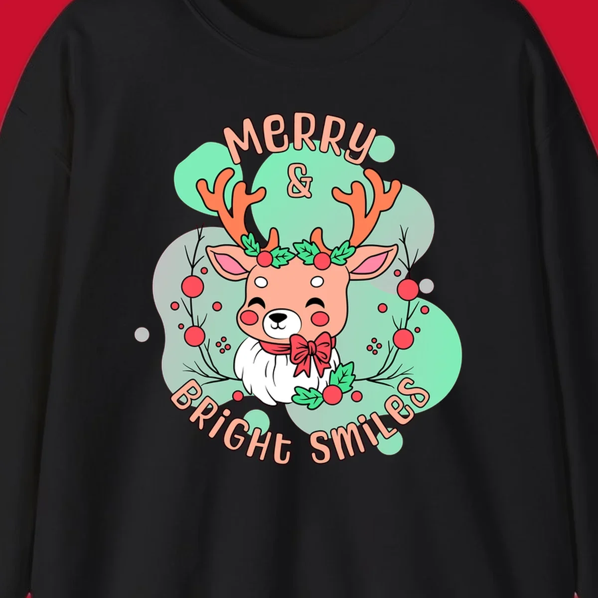 Merry and bright reindeer illustration with holly and text, Christmas theme.