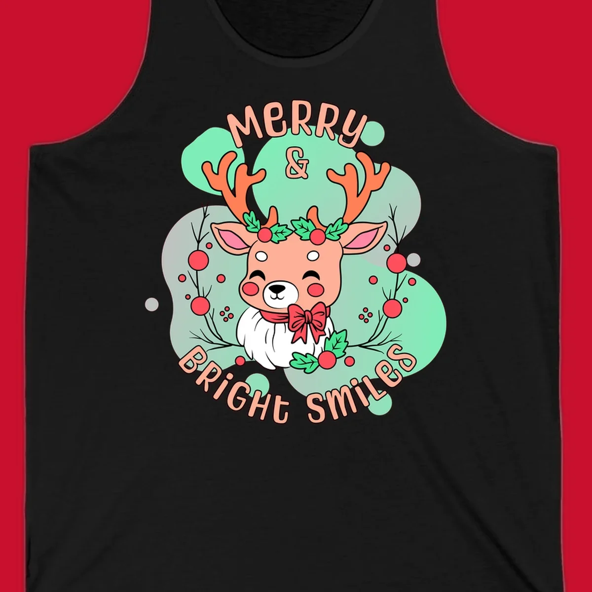 Merry and bright reindeer illustration with holly and text, Christmas theme.