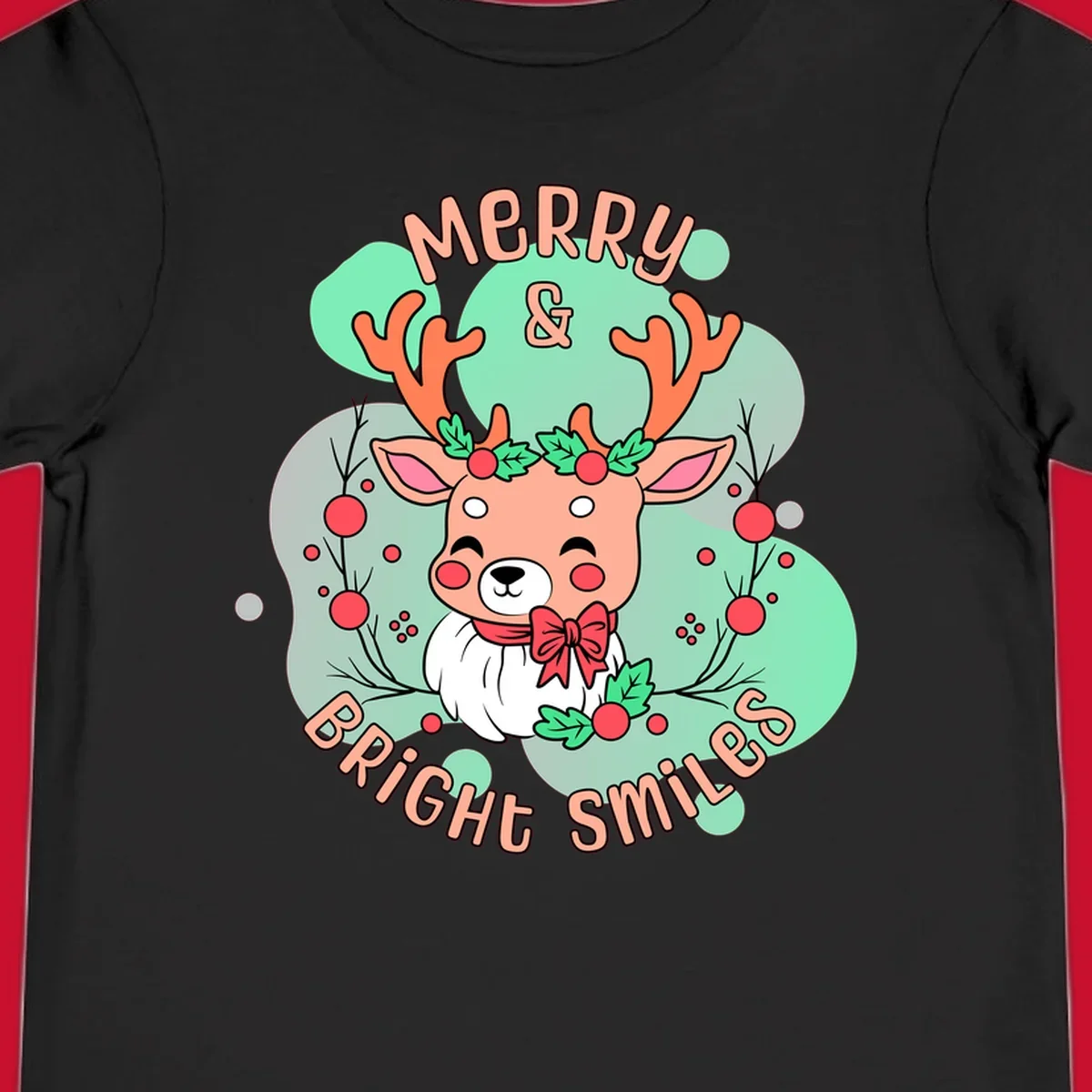Merry and bright reindeer illustration with holly and text, Christmas theme.