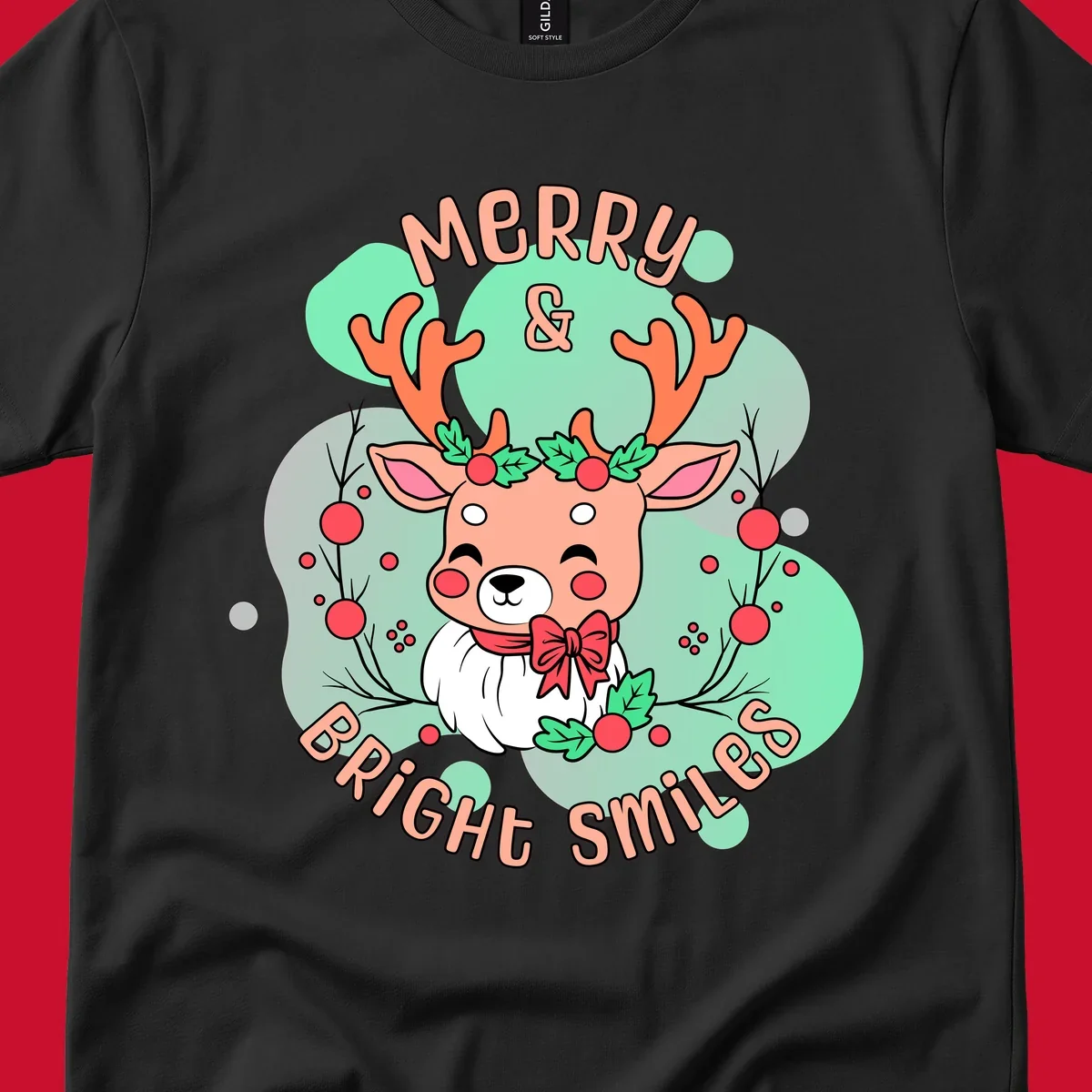 Merry and bright reindeer illustration with holly and text, Christmas theme.