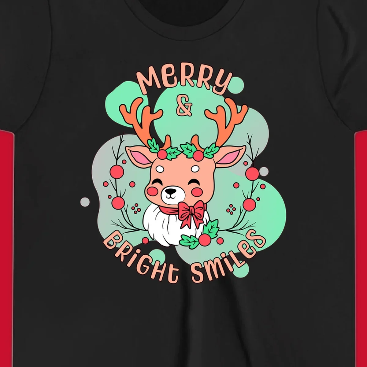 Merry and bright reindeer illustration with holly and text, Christmas theme.