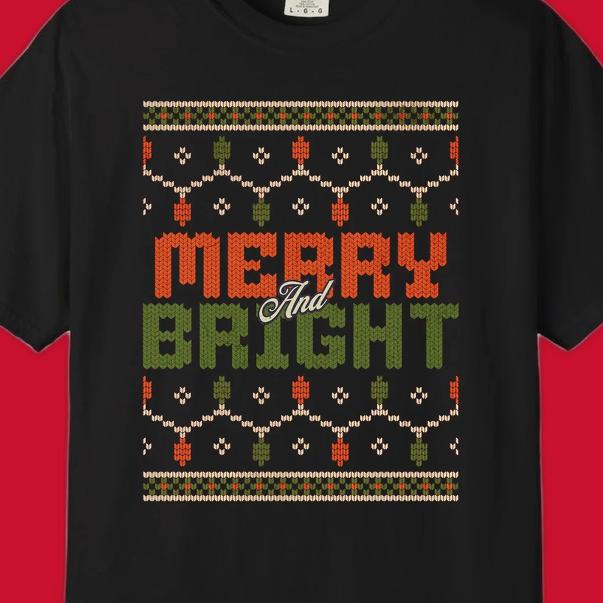Merry And Bright ugly Christmas sweater design with festive patterns.