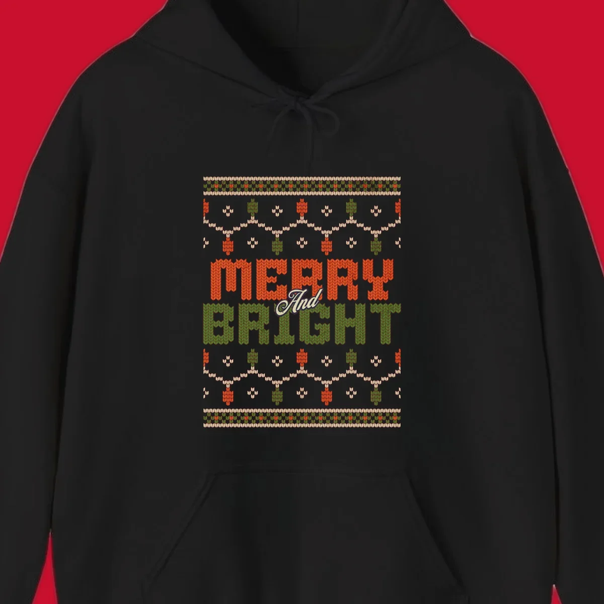 Merry And Bright ugly Christmas sweater design with festive patterns.
