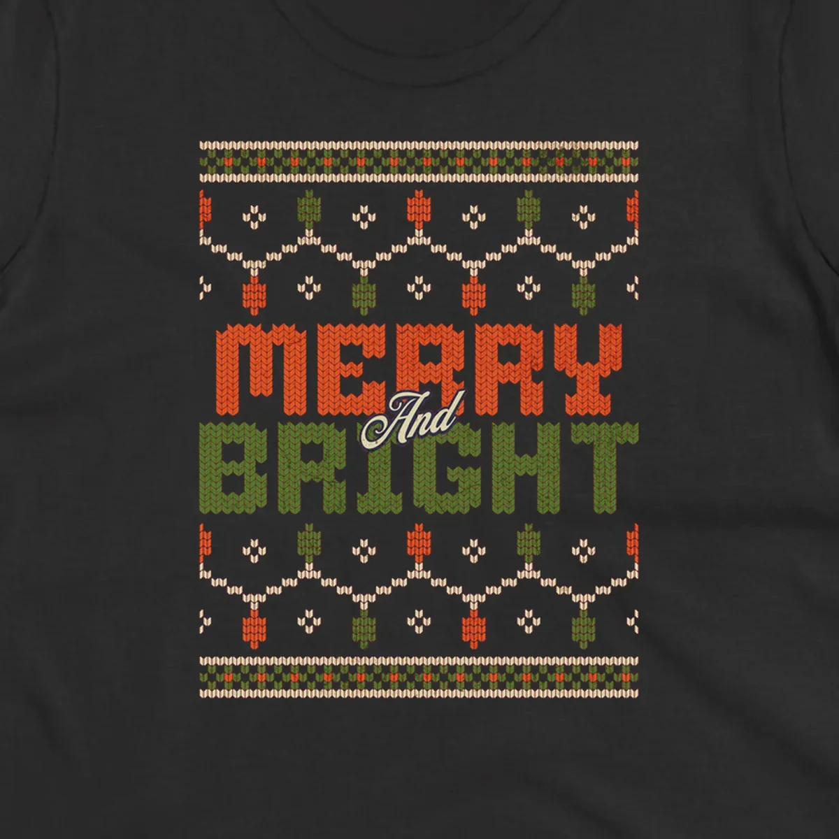 Merry And Bright ugly Christmas sweater design with festive patterns.