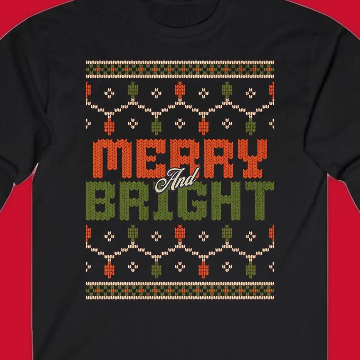 Merry And Bright ugly Christmas sweater design with festive patterns.