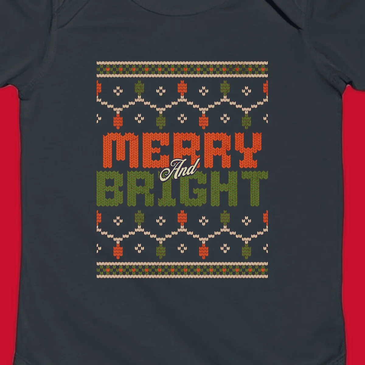 Merry And Bright ugly Christmas sweater design with festive patterns.