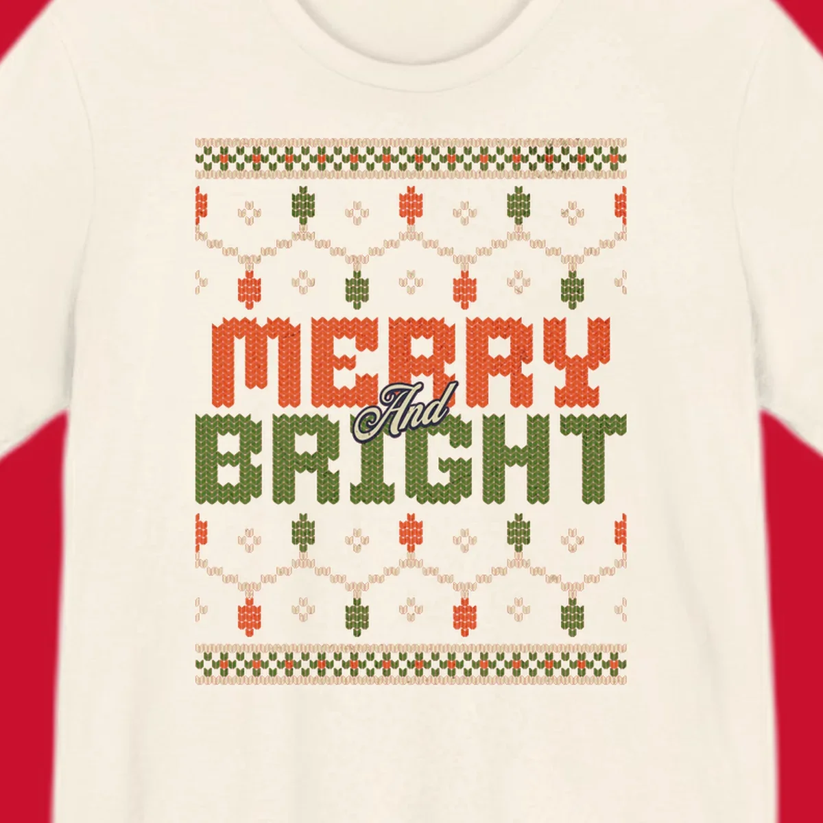 Merry And Bright ugly Christmas sweater design with festive patterns.